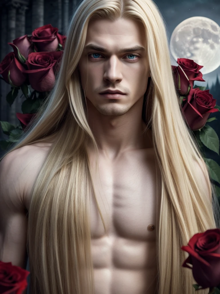 masterpiece, highest quality, (solo focus), (perfect face:1.1), (high detail:1.1), (hyper detailed eyes), dramatic, 1guy, (Pale skin), long blonde hair, (red irises), individual focus, Vampire, long hair, moon, night, Red luxury suit, pouty lips, castle, detailed background, art by artgerm, cinematic lighting, red roses, fashion