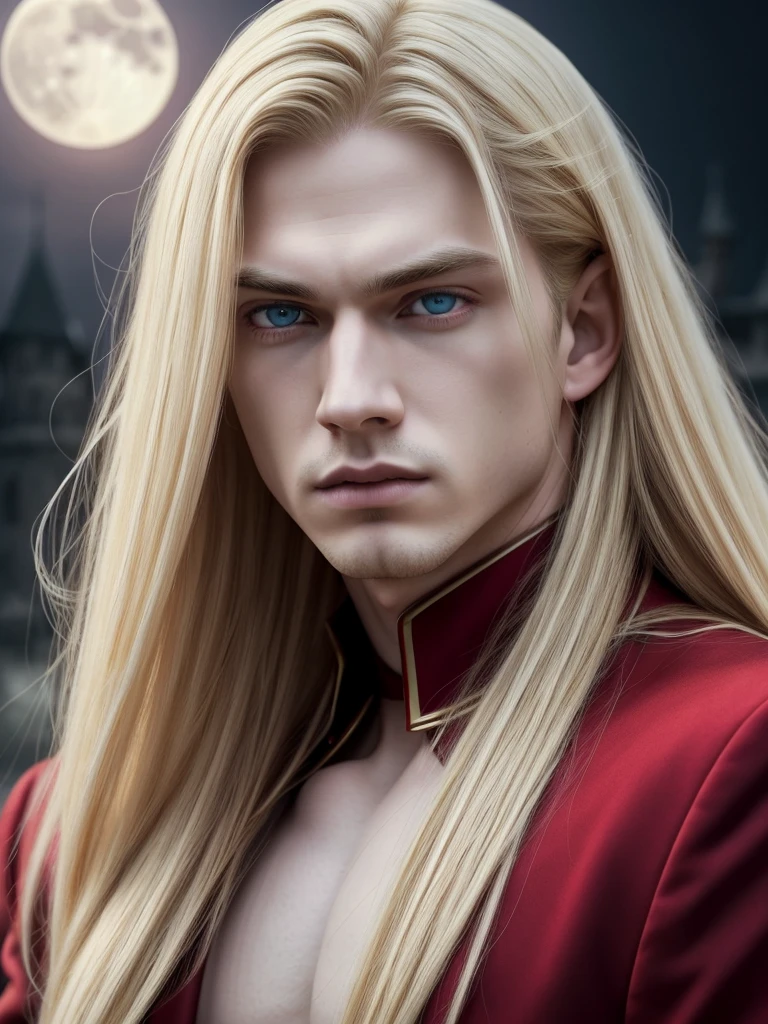 masterpiece, highest quality, (solo focus), (perfect face:1.1), (high detail:1.1), (hyper detailed eyes), dramatic, 1guy, (Pale skin), long blonde hair, (red irises), individual focus, Vampire, long hair, moon, night, Red luxury suit, pouty lips, castle, detailed background, art by artgerm, cinematic lighting, red roses, fashion