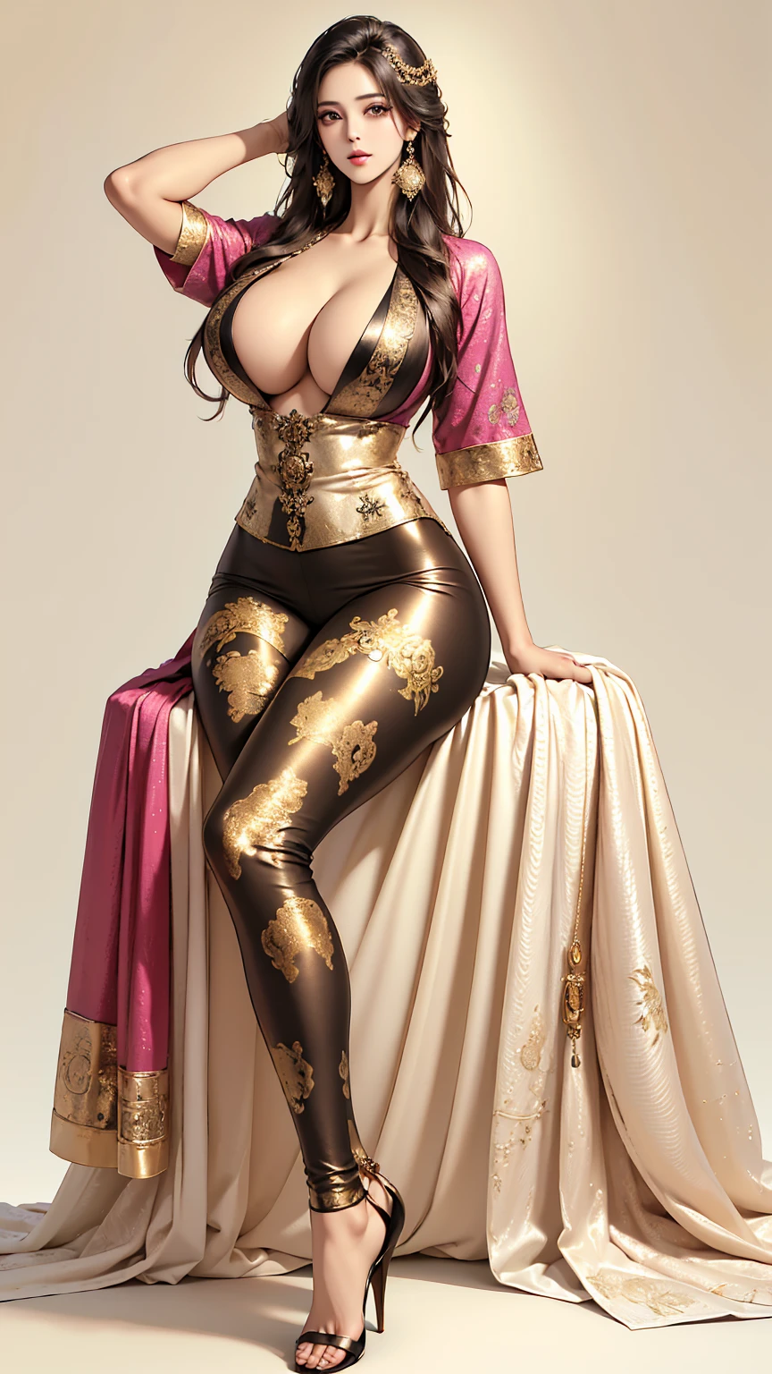 ((best quality,4k,highres,masterpiece:1.2)),((character concept art)), 1 female, age 25, Chinese Hong Kong, Hong Kong Elite, eldest sister, triad female leader, Known for her impeccable fashion sense and elegant demeanor, she is a true embodiment of the Versace brand. Her body language is as captivating as her style, always exuding confidence and high fashion. (((She's wearing an exquisite Versace Barocco-print Shirt in Silk and Barocco-print leggings gold-tone/white/black, a true testament to the brand's luxurious aesthetic.))) Paired with Versace Medusa Tribute Sandals, she carries her ensemble with an air of effortless sophistication. Her accessories include a Versace Medusa Tribute Bag and a pair of Versace Tribute Sunglasses, enhancing her overall look. ((intricate detail)), super finely detailed hands, ultra finely detailed fingers(((ten fingers))), (standing still with confidently), (full body showcase), (show full body), (no logos on background), (no logo), ((plain background)), ((plain background)), (((empty background))). Huge perky breasts, deep cleavage 1.8, thick thighs, hands in hair, cameltoe 1.8, curvy, (9sitting on long stool,