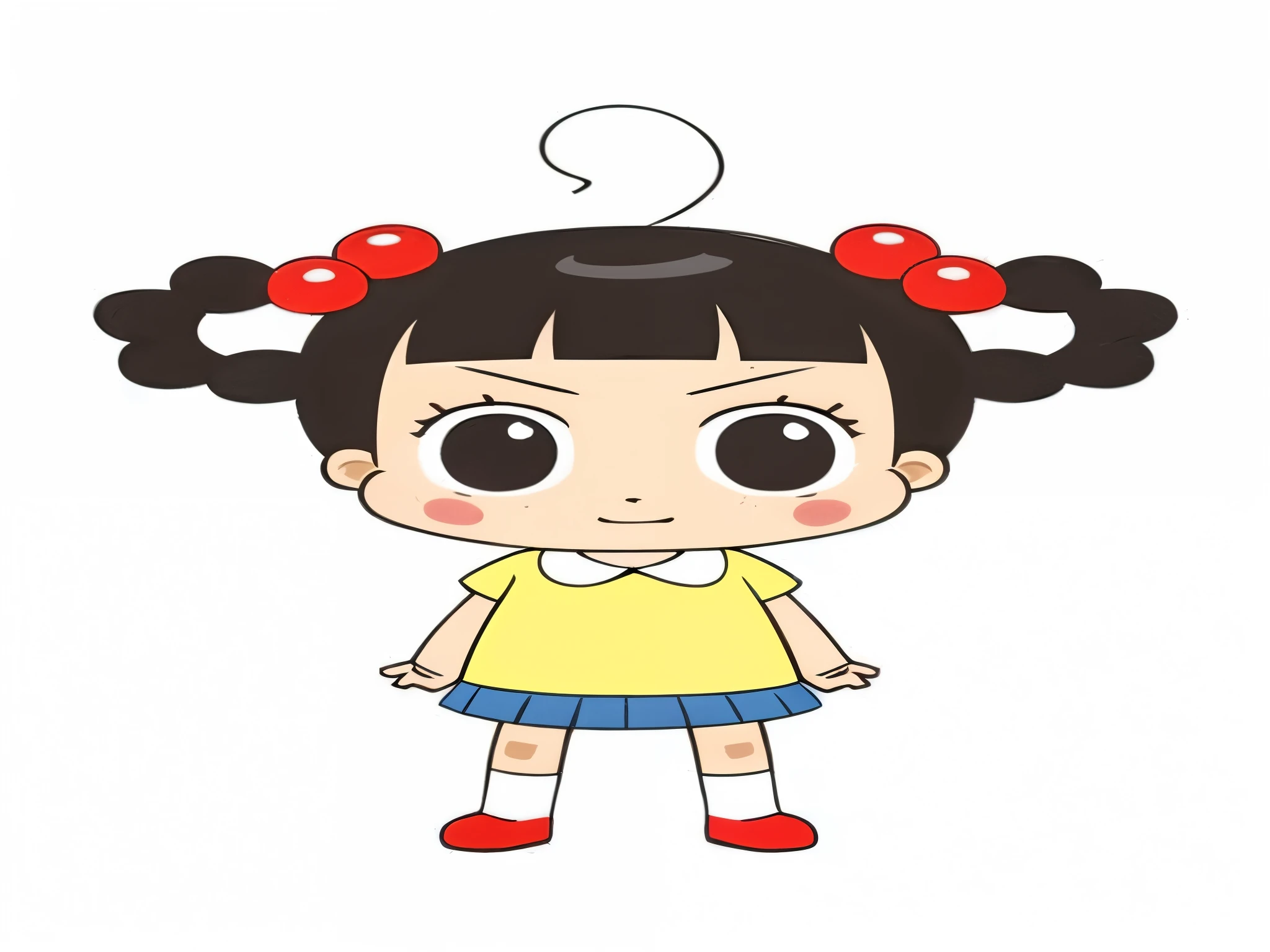 a young girl with a distinctive and adorable appearance. She has a round face with big, expressive eyes and rosy cheeks. Her hair is styled in two pigtails, each secured with red hair ties and adorned with red ball-shaped decorations. She has short, straight bangs. The girl is wearing a yellow short-sleeved shirt with a white collar and a blue skirt. She also has white socks and red shoes. Her pose is simple, standing upright with her arms slightly out to her sides. There is a small curl of hair sticking up from the top of her head.