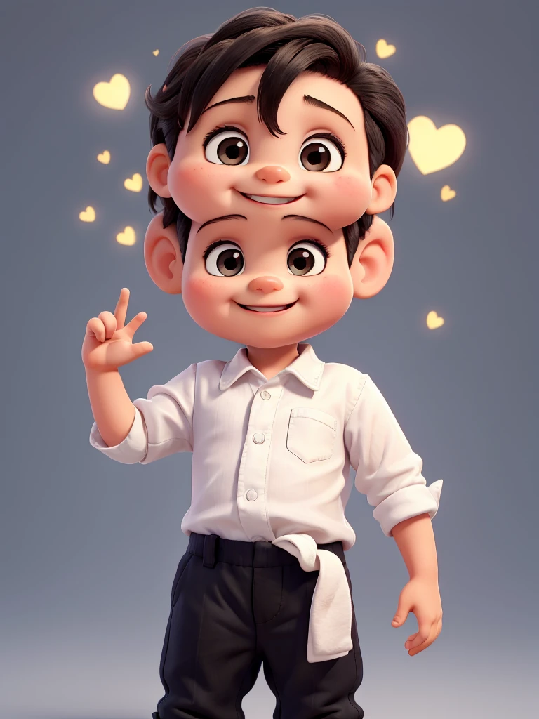 The image shows a cute baby with big smile standing with their left hand raised, making a gesture that could be interpreted as a love sign. They are wearing a white shirt and dark pants. The background is black.