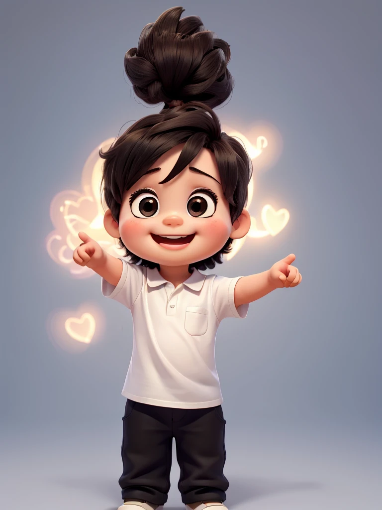 The image shows a cute baby with big smile standing with their left hand raised, making a gesture that could be interpreted as a love sign. They are wearing a white shirt and dark pants. The background is black.
