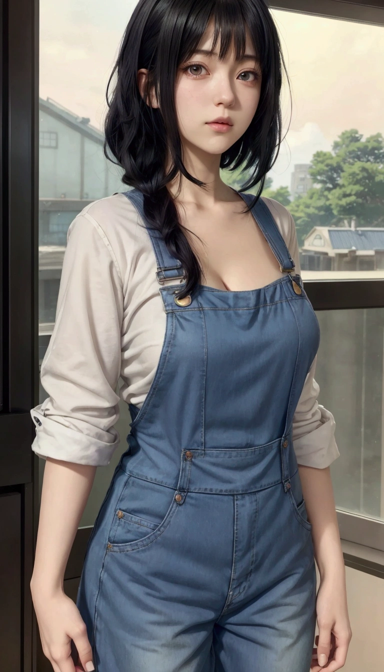 anime girl with black hair and blue overalls standing in front of a window, marin kitagawa fanart, makoto shinkai style, naked girl, makoto shinkai ( apex legends ), hinata hyuga, 🤤 girl portrait, makoto shinkai art style, female protagonist 👀 :8, artist, as an anime character , purple eyes, big breast , cleavage