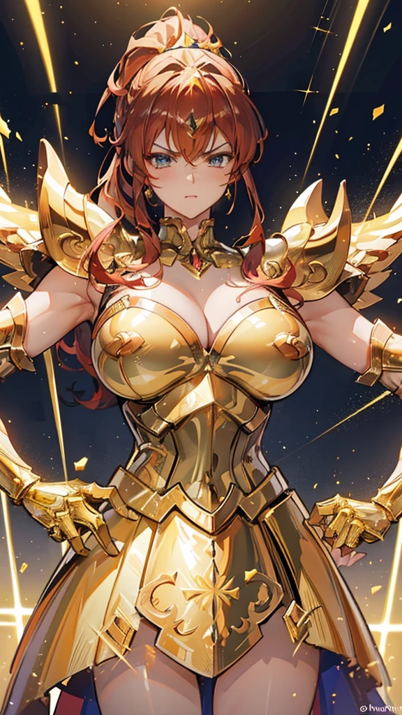 Gold Armor, 4K image, rallies, best quality, masterpiece, movie lighting ，Sexy，Large Breasts，Cleavage，action，In battle，cleavage，anger，noble，Light beams from hands，Golden lightning all around，red hair，ponytail hairstyle，Saint Seiya Leo Aiolia，Wink，lipstick