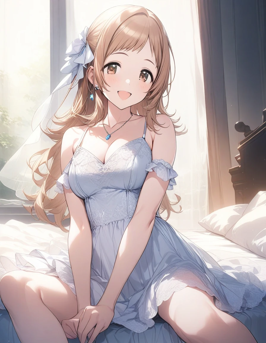 (masterpiece),(best quality),(ultra-detailed),(best illustration),(best shadow),(absurdres),(detailed background),(very aesthetic), 1girl, solo, mano sakuragi, brown eyes, brown hair, medium breasts, white see-through lace slip dress, pure white floral dress, sitting on the bed, smile, hair ribbon, 32k, very long hair, hair tie, open mouth, smile, veil, blue diamond necklace, blue diamond earrings, 