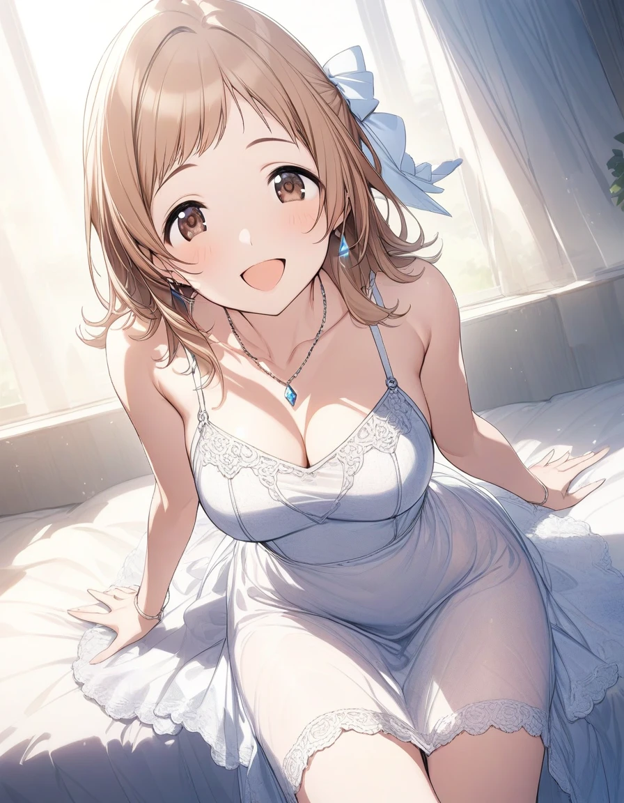 (masterpiece),(best quality),(ultra-detailed),(best illustration),(best shadow),(absurdres),(detailed background),(very aesthetic), 1girl, solo, mano sakuragi, brown eyes, brown hair, medium breasts, white see-through lace slip dress, pure white floral dress, sitting on the bed, smile, hair ribbon, 32k, very long hair, hair tie, open mouth, smile, veil, blue diamond necklace, blue diamond earrings, 