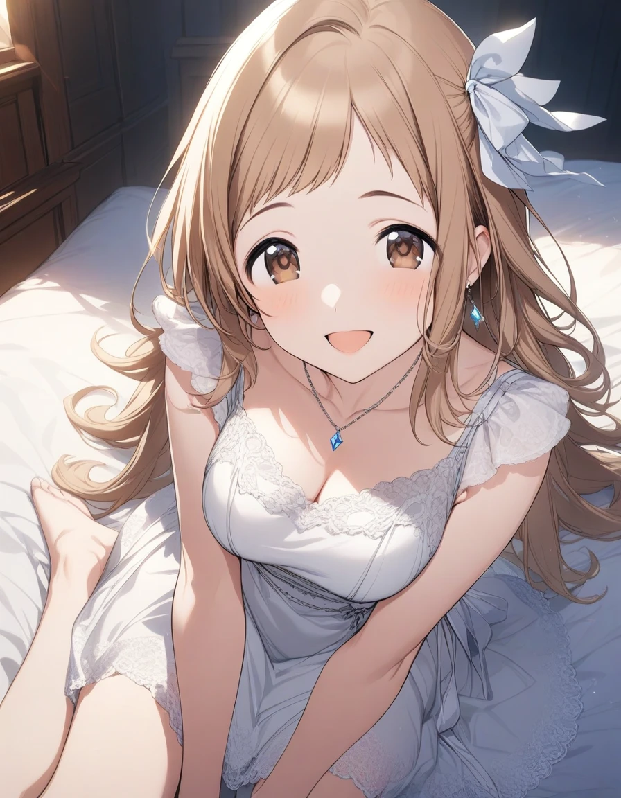 (masterpiece),(best quality),(ultra-detailed),(best illustration),(best shadow),(absurdres),(detailed background),(very aesthetic), 1girl, solo, mano sakuragi, brown eyes, brown hair, medium breasts, white see-through lace slip dress, pure white floral dress, sitting on the bed, smile, hair ribbon, 32k, very long hair, hair tie, open mouth, smile, veil, blue diamond necklace, blue diamond earrings, 