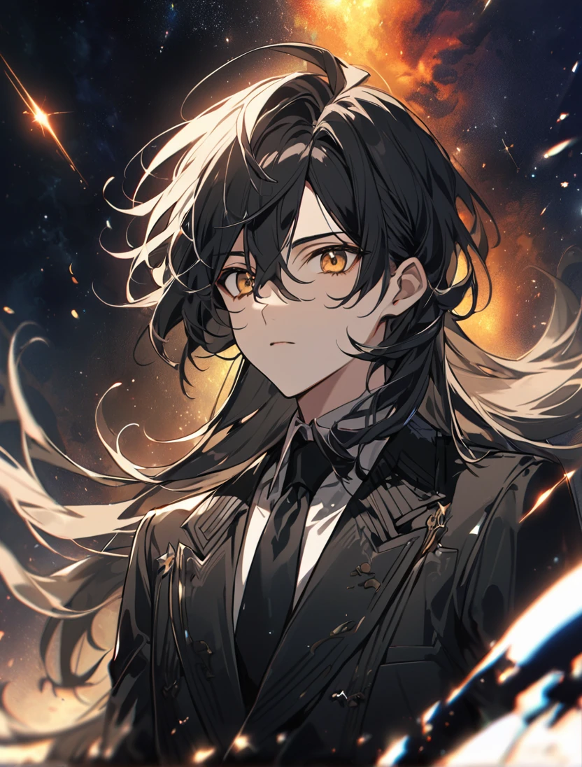 (black_hair), (long_male_hair), (deep_golden_eyes), (detailed_eyes), (attractive_and_handsome), (emotionless), (Deep_space_background), (male), (wears_black_suit), (long_male_hair), (detailed_Hair), (detailed), (detailed_mouth), (detailed), (on_his_twenties), (Europian)