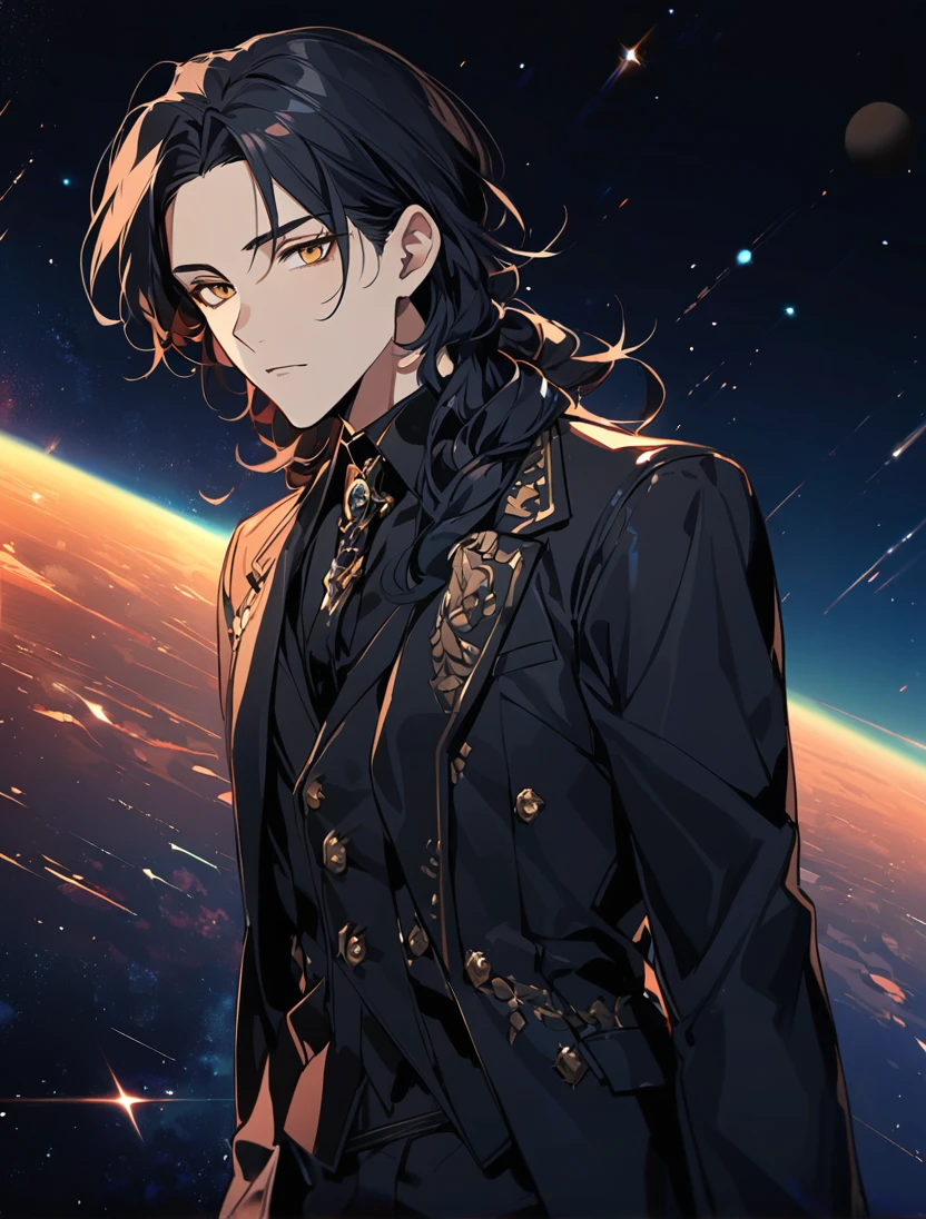 (black_hair), (long_male_hair), (deep_golden_eyes), (detailed_eyes), (attractive_and_handsome), (emotionless), (Deep_space_background), (male), (wears_black_suit), (long_male_hair), (detailed_Hair), (detailed), (detailed_mouth), (detailed), (on_his_twenties), (Europian) 