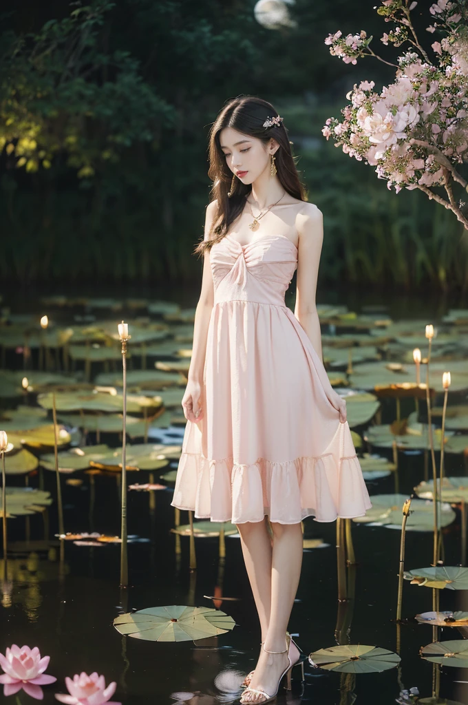 (((best quality))),(((ultra detailed))),(((masterpiece))),illustration,((1 beautiful young  girl,solo)),((slim,thin)),(shoulder length straight hair:1.2),((earrings,necklace)),((small breasts,flat chest)),(pink dress:1.3),((slender legs,high heels)),(beside the lotus pond full of lotus flowers:1.3), serene moonlight, ethereal,floral pattern, water movement, billowing fabric, tranquil,petals, fireflies, magical warm light, dreams, invitation, (standing:1.3),(arms behind back:1.2),gazing, inner thoughts, emotional, sweet scent, natural beauty, solitude, hypnotic lull, eternal summer,(night scene:1.3), natural world, human spirit, celebration, backdrop, glow,(from front:1.5),(full body:1.2)