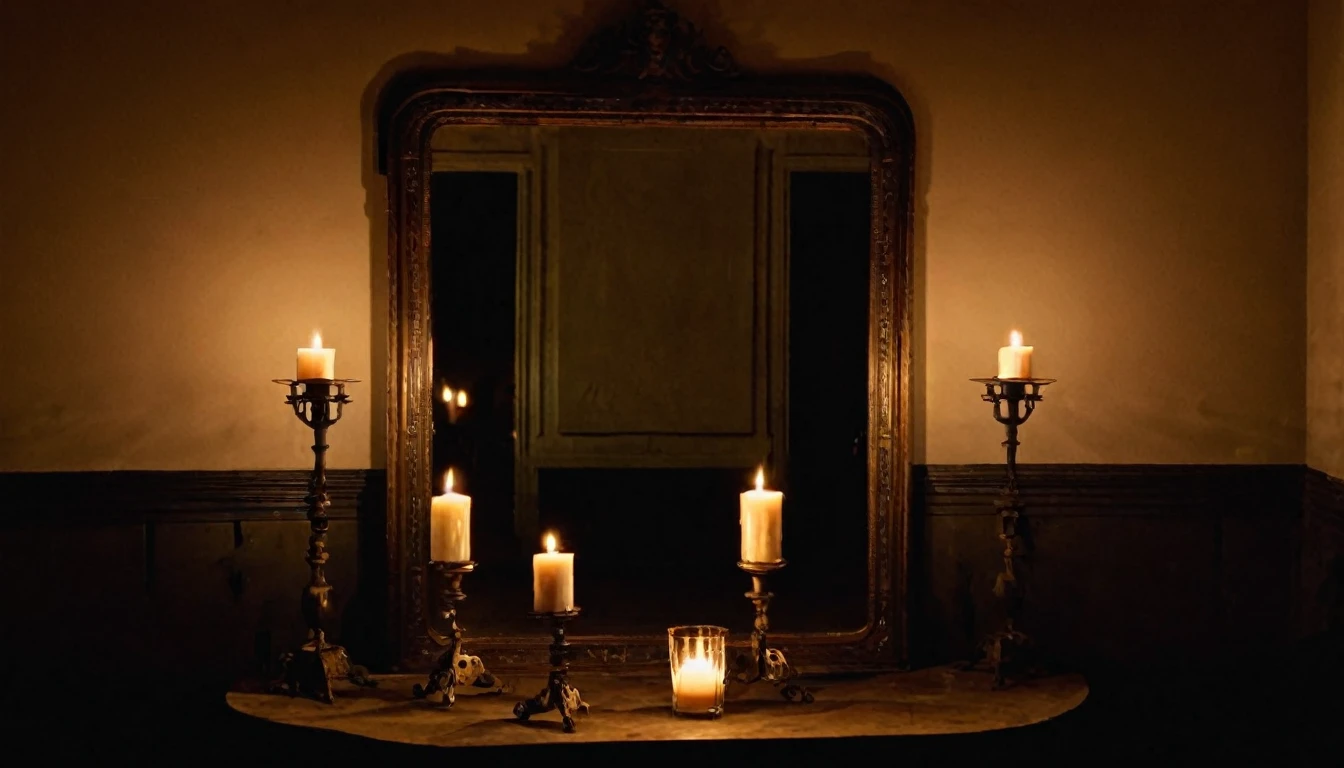 A dark, candle-lit room with an antique mirror in the center.