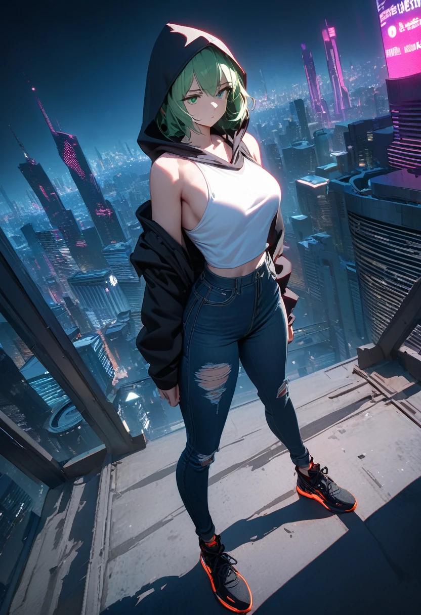 ((Best quality, 8K, masterpiece:1.3)), anime style, full body, a fallen hero turned assassin standing on the rooftop of a skyscraper in a neon-lit night city, (looking into the distance with despair:1.4), wearing a black youthful hoodie with a hood partially covering her face, tight white tank top, ripped jeans, athletic and slender figure with well-defined muscles, broad shoulders, narrow waist, (green eyes:1.3), gaze filled with suffering and determination, (camera angle from behind:1.2), highlighting her solitary stance against the vibrant cityscape, highly detailed textures and shadows.