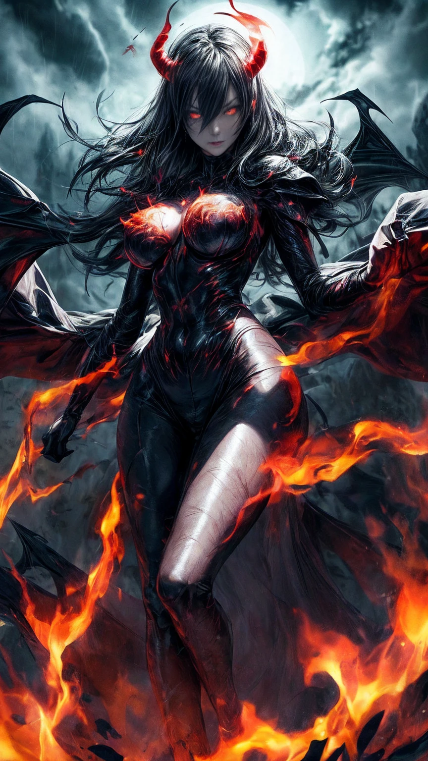 Storyboard, masterpiece, highest quality, dragonlady queen, perfect demoness, long legs, hourglass figure, curvy hips, bright red glowing eyes, detailed eyes (1.4), scars on face, villainous expression, flaming skin body with bioluminescent glowing pattern, ready for battle, blurred stormy background, dark atmosphere, lighting in background,full body,