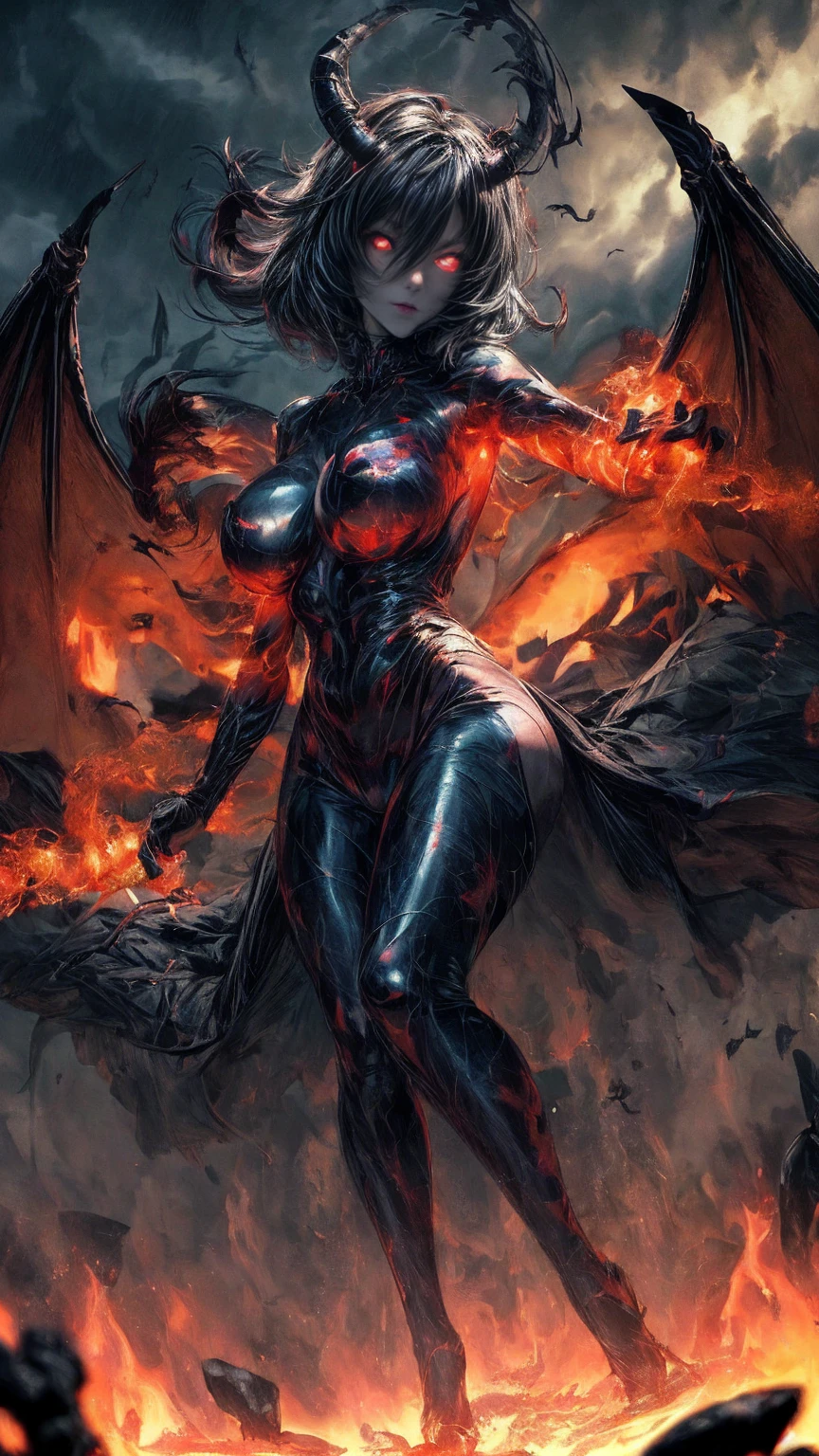 Storyboard, masterpiece, highest quality, queen, perfect demoness, long legs, hourglass figure, curvy hips, bright red glowing eyes, detailed eyes (1.4), scars on face, villainous expression, flaming skin body with bioluminescent glowing pattern, ready for battle, blurred stormy background, dark atmosphere, lighting in background,full body,