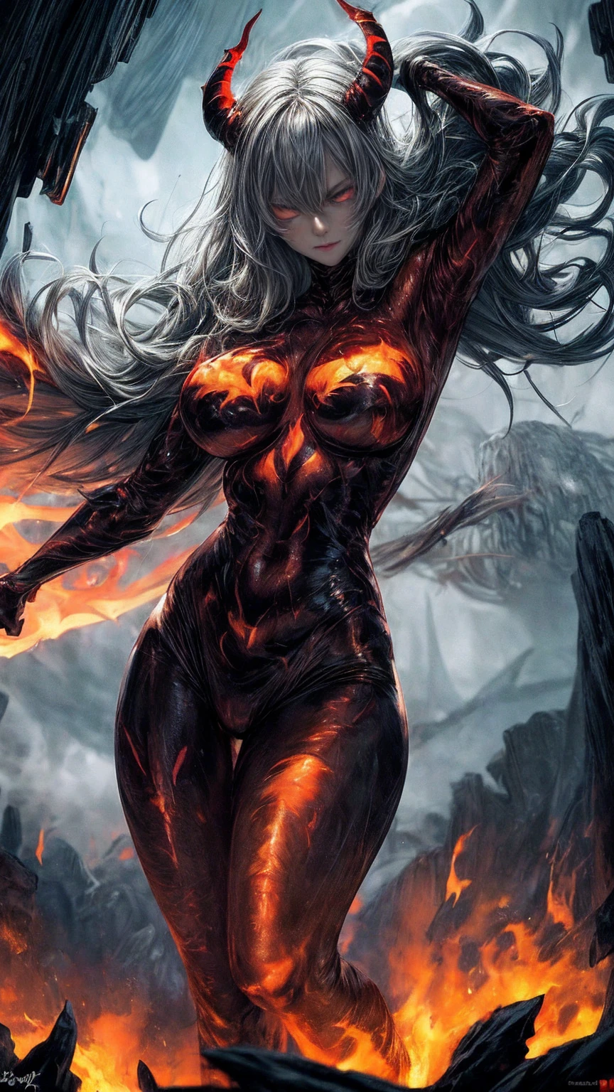 Storyboard, masterpiece, highest quality, dragonlady queen, perfect demoness, long legs, hourglass figure, curvy hips, bright red glowing eyes, detailed eyes (1.4), scars on face, villainous expression, flaming skin body with bioluminescent glowing pattern, ready for battle, blurred stormy background, dark atmosphere, lighting in background,full body,