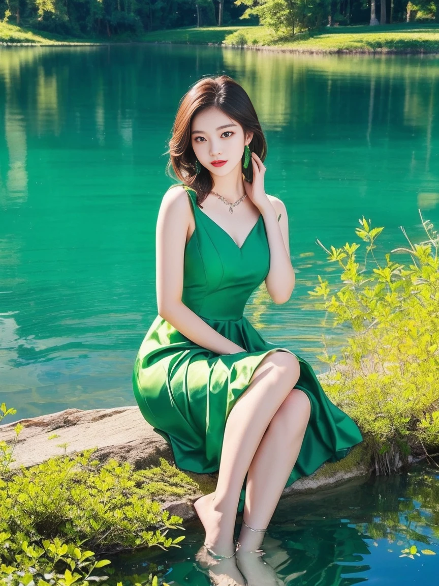Highest quality　Emerald Green Lake　A beautiful woman is sitting　Photo style　Yellow Dress　Real