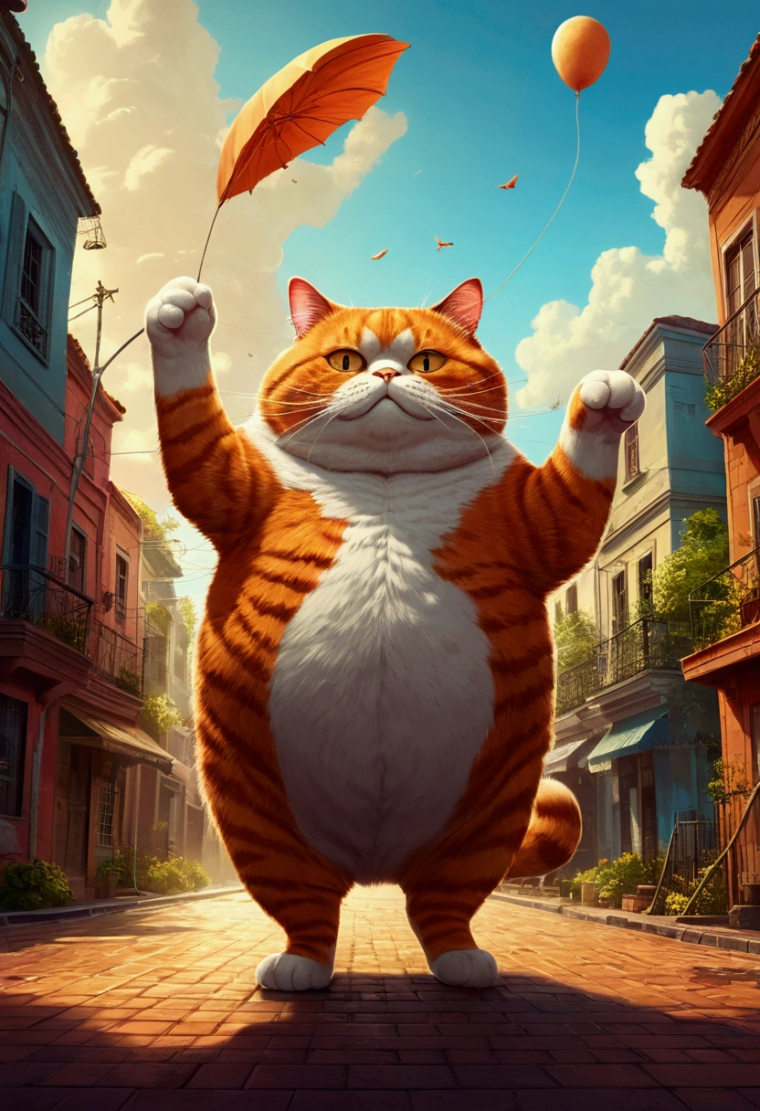 Giant fat Cat, full body, outdoor, by Cyril Rolando, cinematic still, (best quality, masterpiece), very aesthetic, perfect composition, intricate details, ultra-detailed, vivid colors