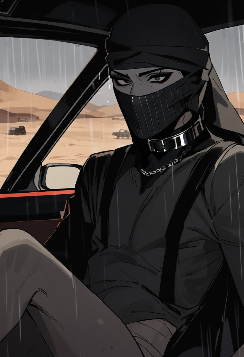 Male arab modern terrorist, terrorist, black balaclava, black bandage, black clothes, thin waist, skinny body, femboy, light skin, makeup, black eyeliner, big eyelashes, black eyeshadow, metal choker, light tanned skin, inside the car, desert, rain