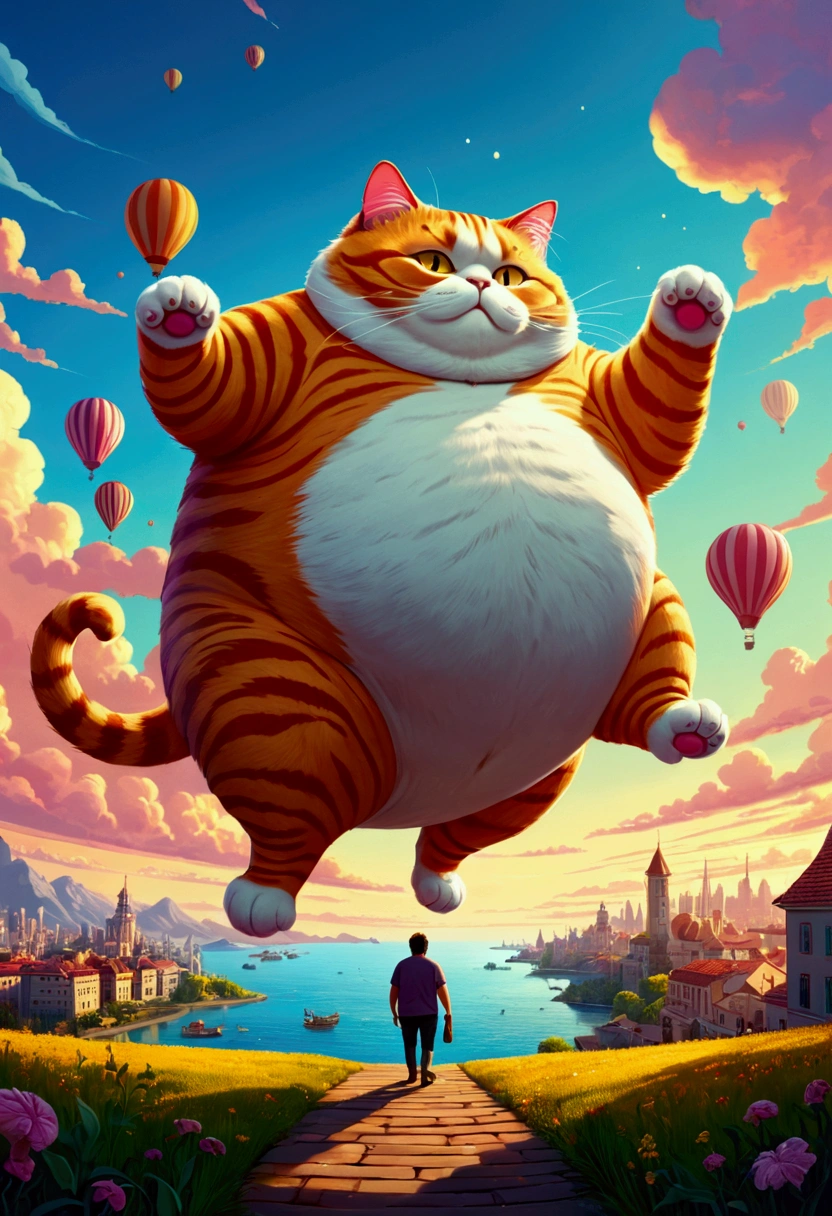 Giant fat Cat, full body, outdoor, by Cyril Rolando, cinematic still, (best quality, masterpiece), very aesthetic, perfect composition, intricate details, ultra-detailed, vivid colors