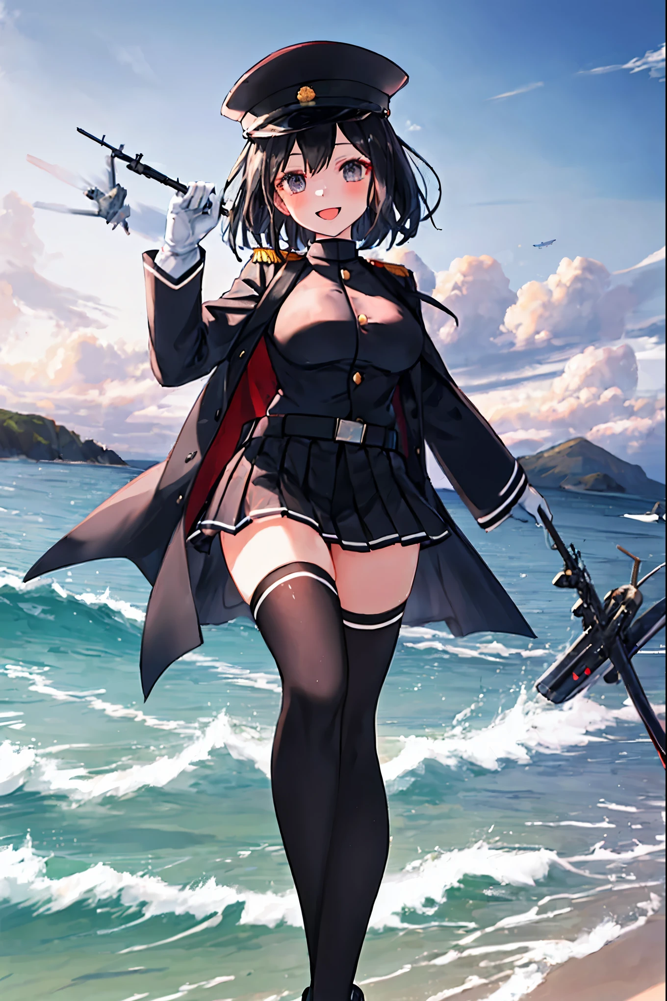 best quality, masterpiece, solo, {akitsu_maru_kantaicollection:1.15}, black_hair, short_hair, hat, peaked_cap, black_eyes, military, big_breasts, 1girl, black_headwear, looking_at_viewer,black_ military_uniform, uniform, military_hat, sea_landscape_background, smile,(plump:0.7),,black_thigh-highs,joylight_open_mouth,