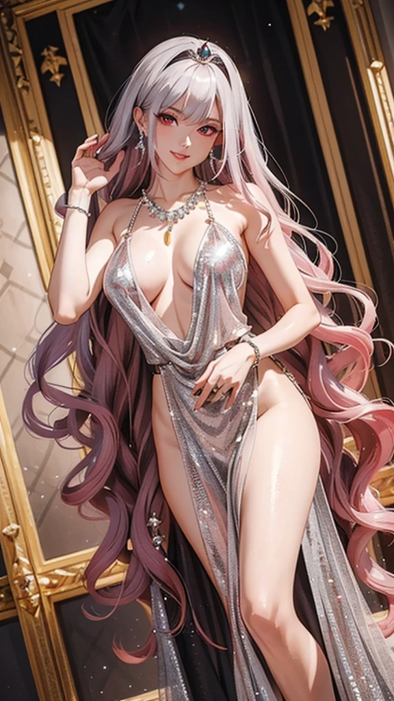 (((masterpiece, super high resolution, ultra HD, 8K quality))), (((woman in Platinum silver colored evening dress))), (((See-through revealing dress))), (((Crimson colored Hair))) , (((long wave hair))), (((beautiful sparkling red eyes, pupils with highlights))), ((long bangs)), pink lips, sexy expression, ((highly detailed)), (perfectly detailed face), (detailed and carefully drawn hands), (((very Big Tits, cute smile))), photorealistic image, silver tiara and earrings, pearl necklace, jade bangle, diamond ring, Beautiful figure from the knees up, standing, beautiful pose
