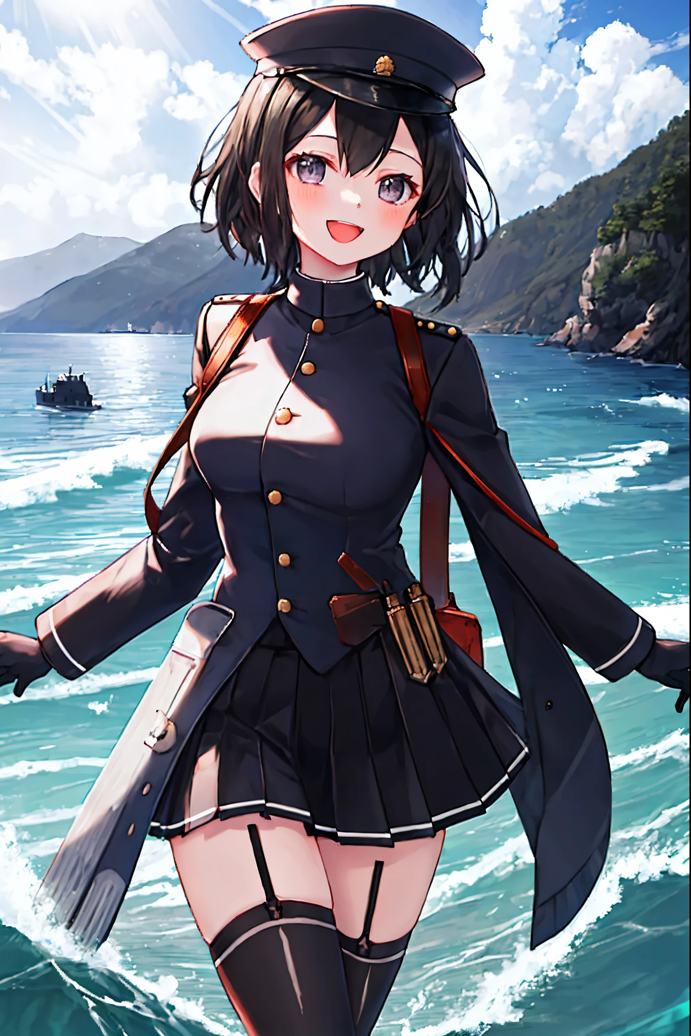 best quality, masterpiece, solo, {akitsu_maru_kantaicollection:1.15}, black_hair, short_hair, hat, peaked_cap, black_eyes, military, big_breasts, 1girl, black_headwear, looking_at_viewer,black_ military_uniform, uniform, military_hat, sea_landscape_background, smile,(plump:0.7),,black_thigh-highs,joylight_open_mouth,
