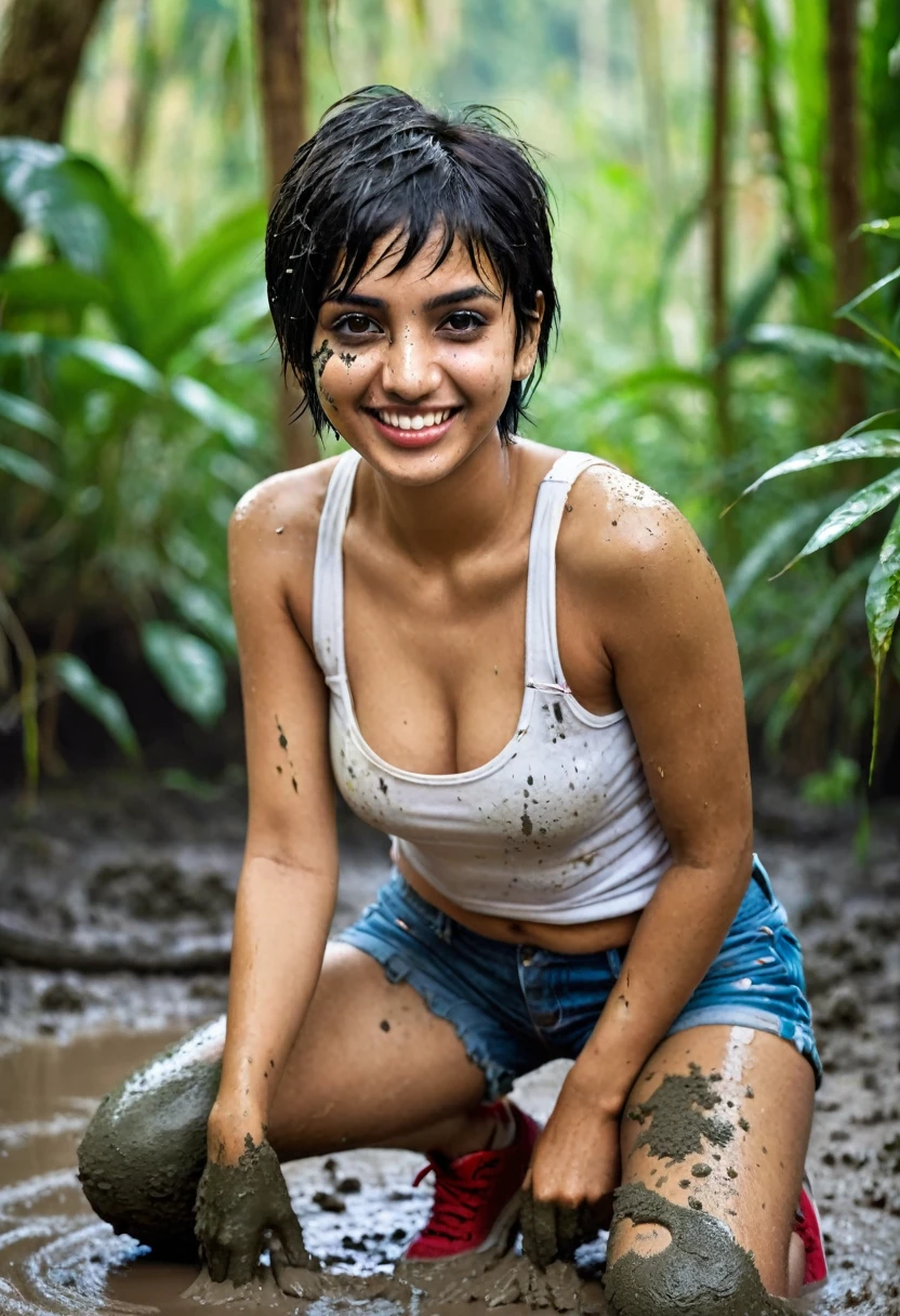 Faces are displayed clearly, creating an intense and focused atmosphere, realistic, detailed, HDR, UHD. A young woman with an exotic face of Indo-Arab crossbreed, black short hair, black eyes, plump body, black skinny, her body and cheeks are dirty with mud splashes, full body, bird's eyes view shot, wearing a white tank top tied with dirty mud splashes, torn jeans shorts, red sneakers. Squatting behind the woman was a smiling Indo-European woman hugging her. The background is a forest full of bushes.