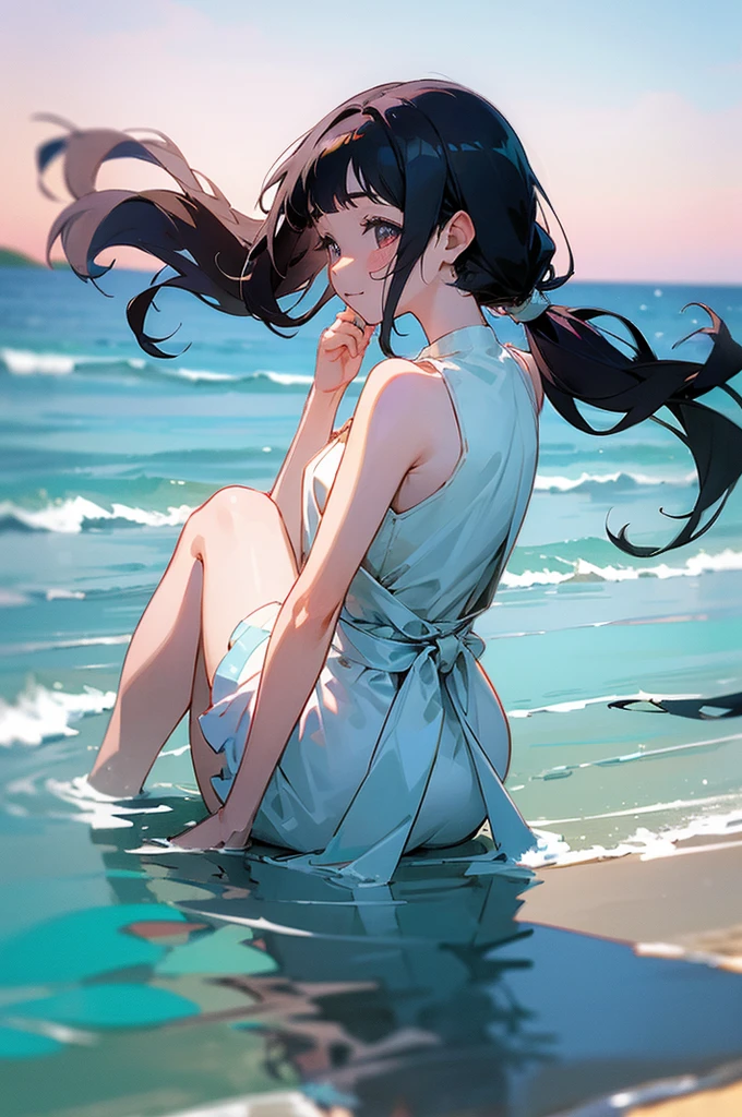 Women out of the bath,Long wet black hair draped behind him,He was only wrapped in a transparent silk scarf