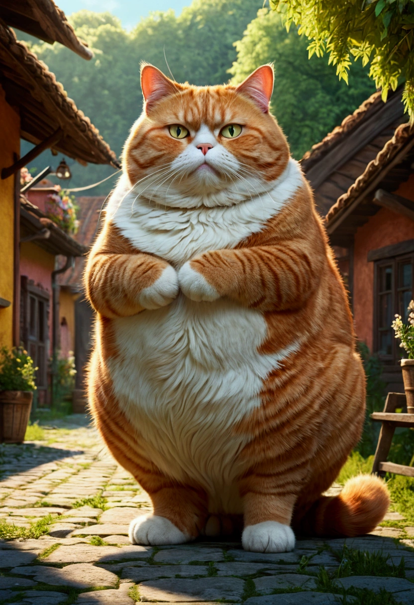 Giant fat Cat, full body, outdoor, by Cyril Rolando, cinematic still, (best quality, masterpiece), very aesthetic, perfect composition, intricate details, ultra-detailed, vivid colors