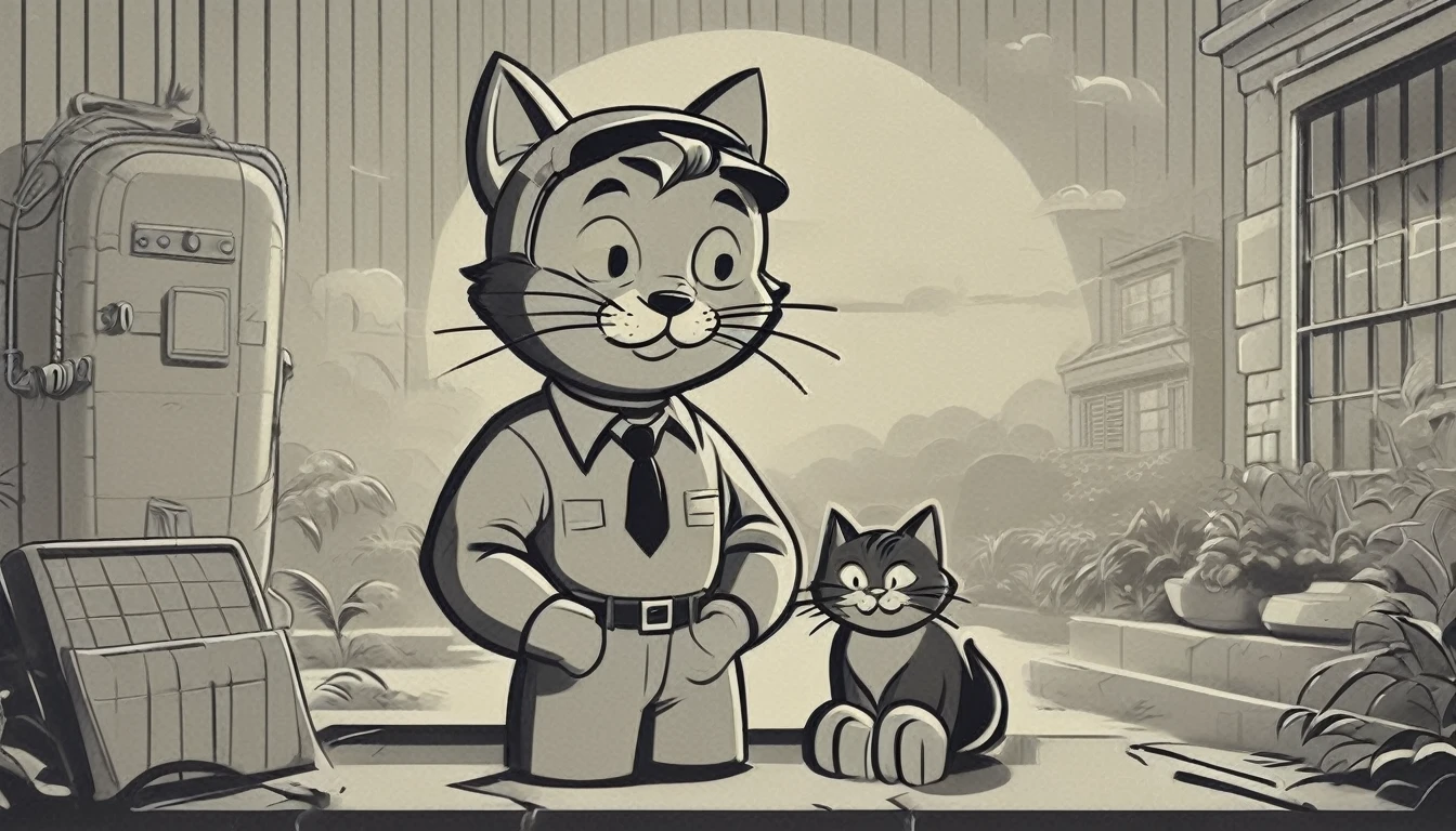 Generate an image in the style of a 1950s and 1960s advertisement featuring: personagem: cat (like the vault boy) holding a top secret past, the cat use a sun glasses. The background should be simple and uncluttered. Use only this cores: limited color palette of gray tones Use: clear lines, thick lines, and bold outlines