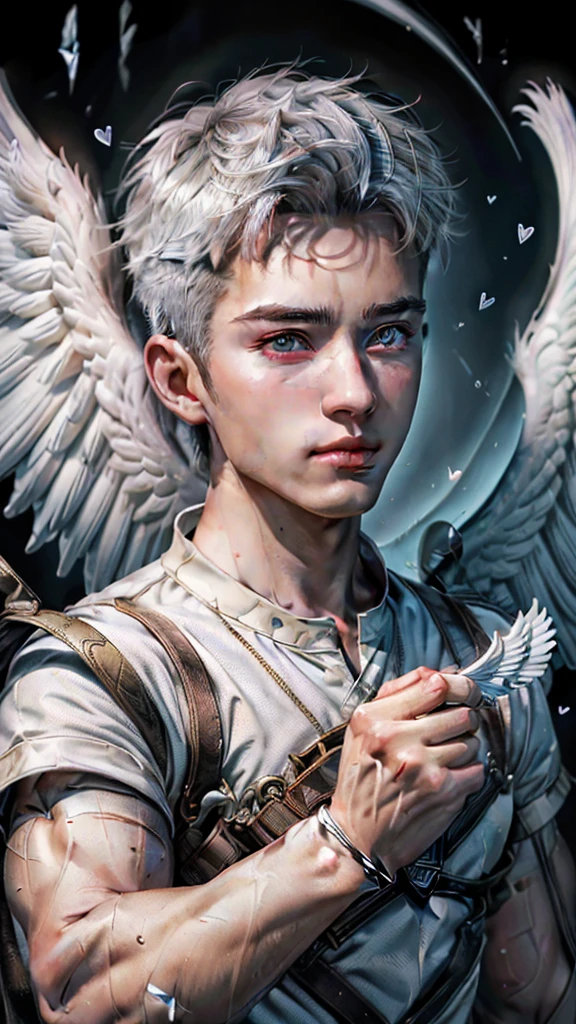 (max resolution: 1.2), (Ultra HDTV: 1.2), 8K resolution, Eye and skin details, face details, , (Sharp focus: 1.2), (Precise focus) face sharp face: 1.2), Cupid god, (((Boy))), white hair, flying, white wings, holding a love bow,