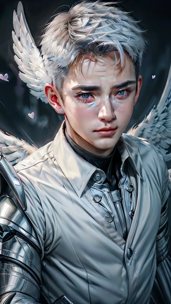 (max resolution: 1.2), (Ultra HDTV: 1.2), 8K resolution, Eye and skin details, face details, , (Sharp focus: 1.2), (Precise focus) face sharp face: 1.2), Cupid god, (((Boy))), white hair, flying, white wings, holding a love bow,
