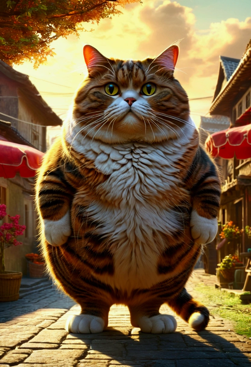 Giant fat Cat, full body, outdoor, by Cyril Rolando, cinematic still, (best quality, masterpiece), very aesthetic, perfect composition, intricate details, ultra-detailed, vivid colors