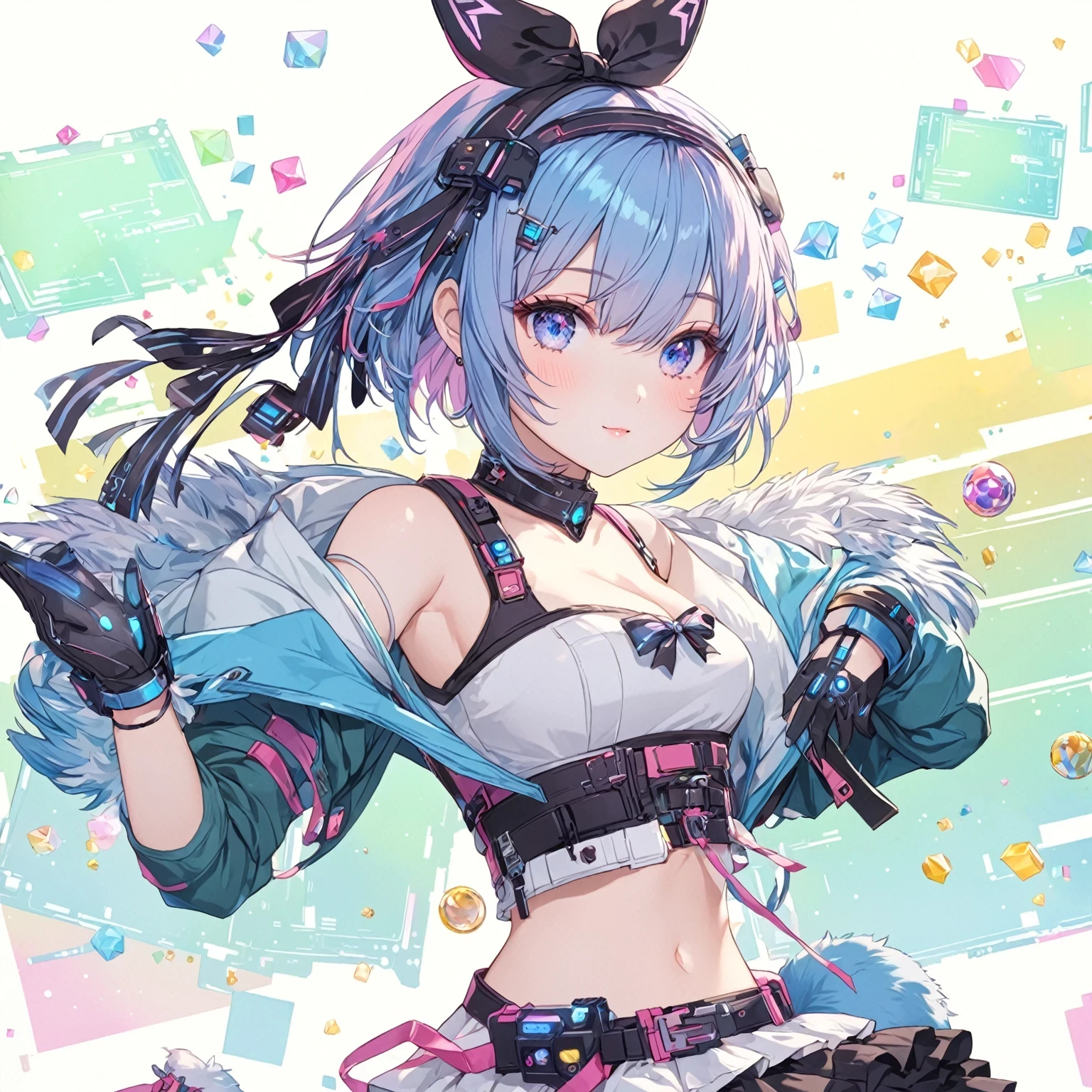 masterpiece, best quality, good quality, Sci-fi Fantasy Aesthetic, Highly detailed, shadowverse style, teen, girl, cute, cat ribbon, hacker, blue hair, short hair, fringe, bang, fix hands