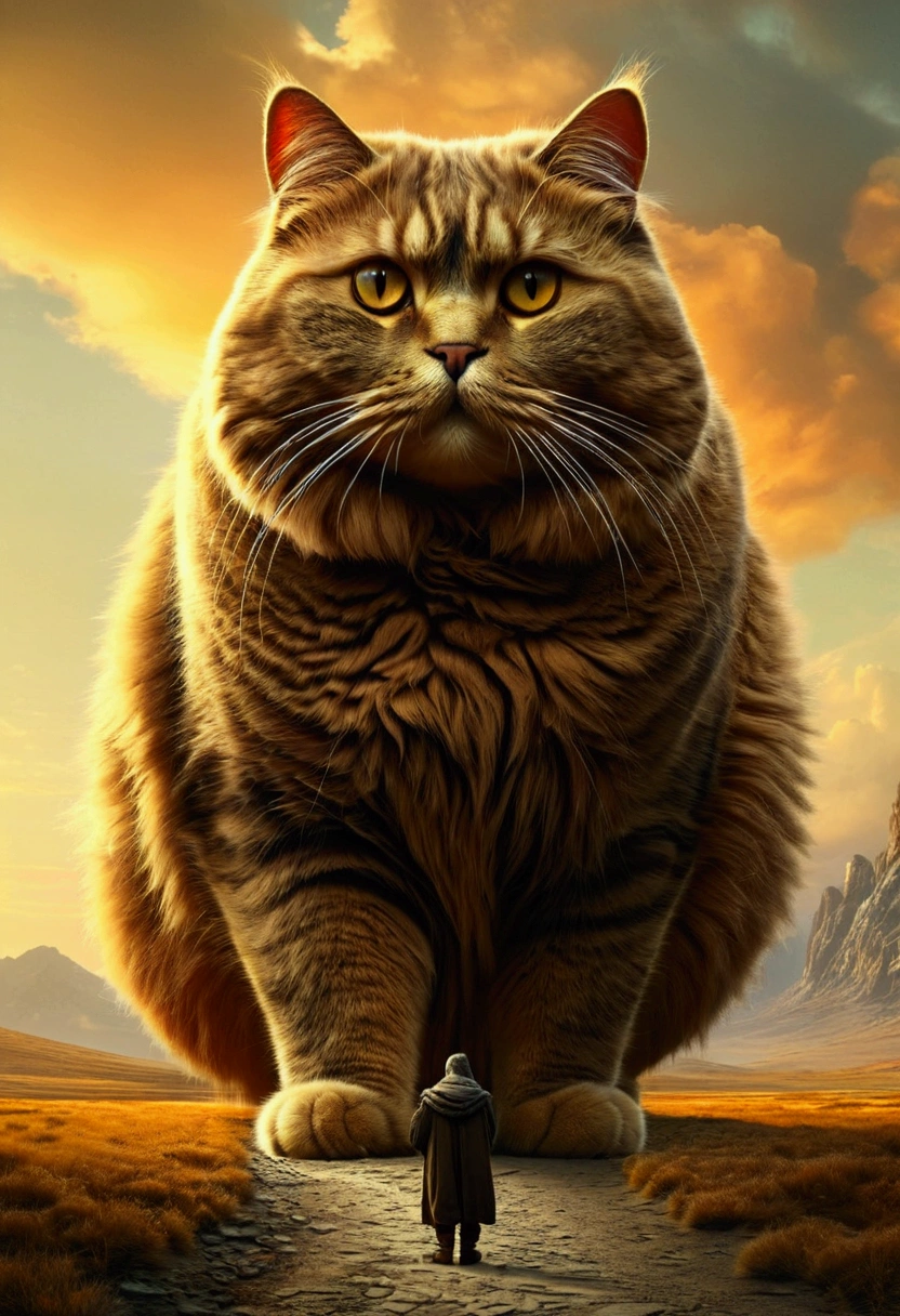 Giant fat Cat, full body, outdoor, by Cyril Rolando, cinematic still, (best quality, masterpiece), very aesthetic, perfect composition, intricate details, ultra-detailed, vivid colors