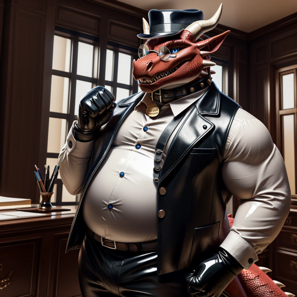 Solo, Male, fat, extremely obese, gentleman, dapper Professor Dragon, mob boss, blue eyes, (posing:1.3), (soft shading), 4k, hi res, ((detailed face, detailed)), looking at viewer, mouth wide open, dapper clothing, collared shirt with buttons, bowler hat, male focus, Explorer Outfit, glasses, monocle, vest with buttons, sleeves rolled up, round eyewear, brown headwear, brown vest, office, Dragon is wearing a glossy leather dog collar around the neck, Dragon is wearing the leather collar and shirt and vest at the same time, Dragon is wearing glossy white rubber gloves on the hands, wearing white rubber gloves on the feet, gloves are rubber in texture, clenching teeth, clenching fists, leather collar is glossy and shiny with a lot of detail, Dragon is wearing gloves and leather collar at the same time, leather collar has a round dog-tag, leather collar is thick and detailed, leather collar is glossy and shiny, fancy clothing, dapper vest, dapper shirt, leather collar is thick, glossy leather collar.