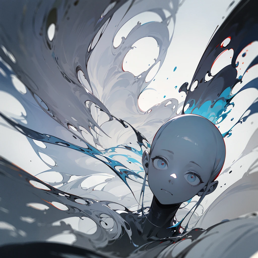 Create an eerie, abstract scene featuring a shadowy, fluid-like figure emerging from a dark background. The figure, with its featureless face and hollow eyes, should evoke a sense of mystery and unease. Use shades of grey to depict its form, giving the impression that it is made of smoke or liquid. The overall atmosphere should be haunting and otherworldly, with the figure appearing to shift and flow within the dark void.