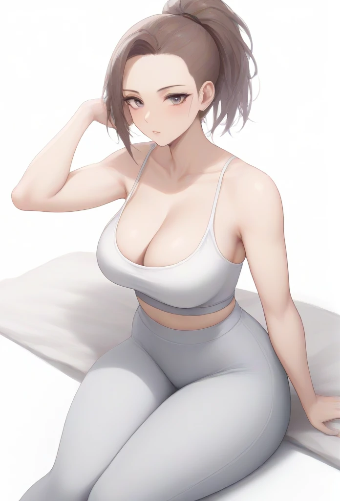 Score_9,score_8_up,score_7_up,1girl,solo,white background,sports bra, spaghetti strap,cleavage,big_breasts,looking_at_viewer, no hair bald gead shaved hair, high ponytail, grey pants,yoga pants,haren pants,high waist,side slit,thick thighs,slab sitting,fashion dress, armpits, naked