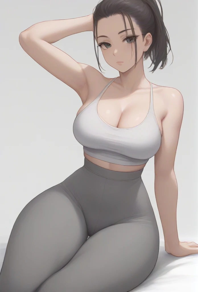 Score_9,score_8_up,score_7_up,1girl,solo,white background,sports bra, spaghetti strap,cleavage,big_breasts,looking_at_viewer, no hair bald gead shaved hair, high ponytail, grey pants,yoga pants,haren pants,high waist,side slit,thick thighs,slab sitting,fashion dress, armpits, naked