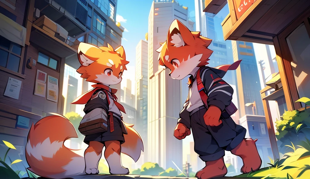 Red Panda Boy,8k resolution,Furry, Uniform attire,Red collar,feetは二つ,feetで立つ! towering,lanky,lanky,:slim body,:tall hands,feet,It's bright outside,Collapsed City,building,broken,・split arms,・bad anatomy,・bad body,