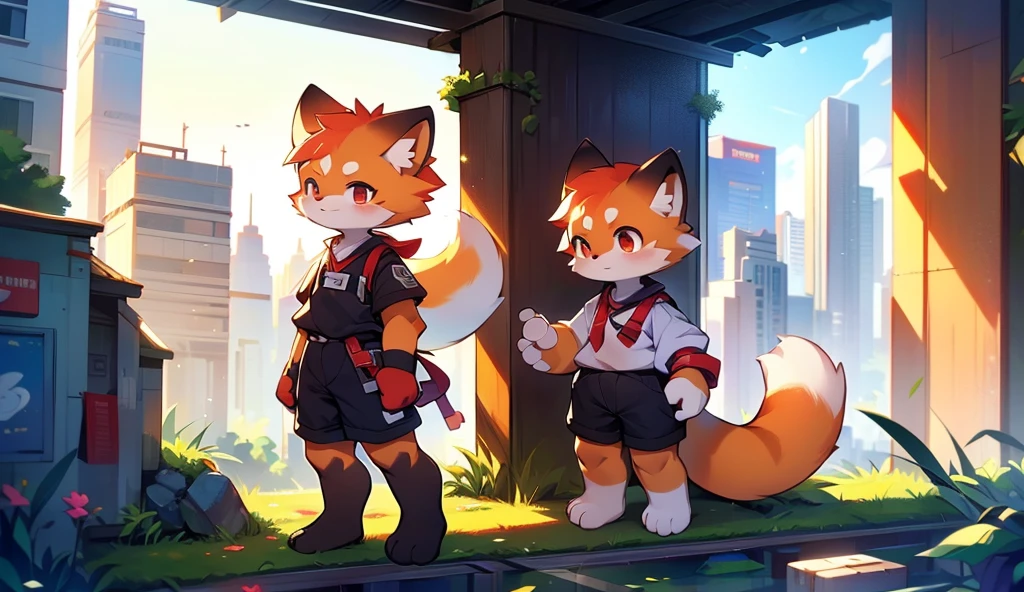 Red Panda Boy,8k resolution,Furry,          Uniform attire,Red collar,feetは二つ,feetで立つ！                   towering,lanky,lanky,：slim body,：tall hands,feet,It's bright outside,Collapsed City,building,broken,・split arms,・bad anatomy,・bad body,