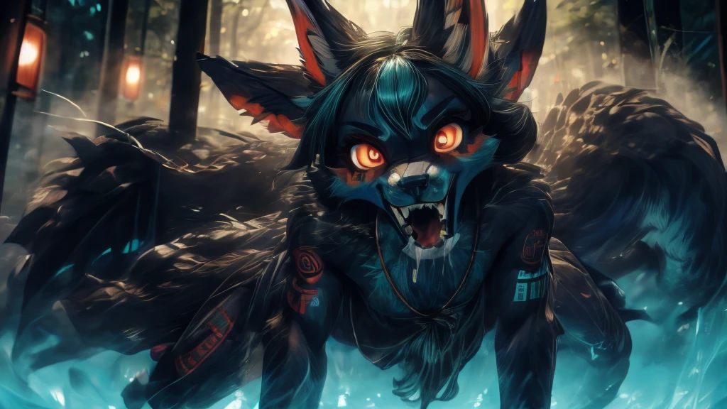 Miku Hatsune, add high definition_detail:1, blue fur,kitsune ears, tribal tattoo add_detail:1, in hell add_detail, devilish girl, batwigs agregar_detail Ferocious fangs,drooling fangs add_detail:1, sharp teeth, Demon yokai kitsune group_detail:1, crazy eyes