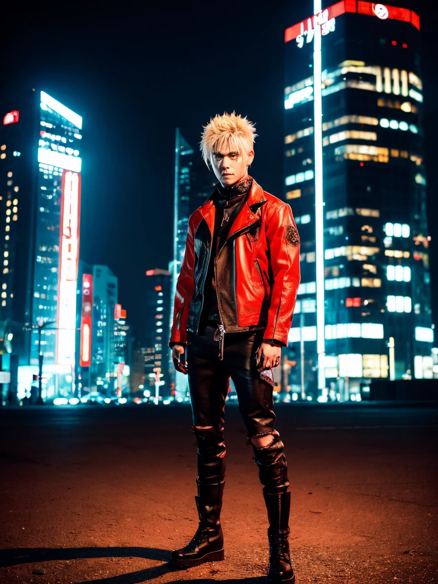 portrait, neon, 1 man, shonen style, spiky blonde hair, scratches on cheeks, black and red clothing, leather jacket, jeans, boots, bandana with leaf symbol, perfect eyes, cool, red eyes, full body sxspack, color --name Naruto Uzumaki --night background city with futuristic buildings
