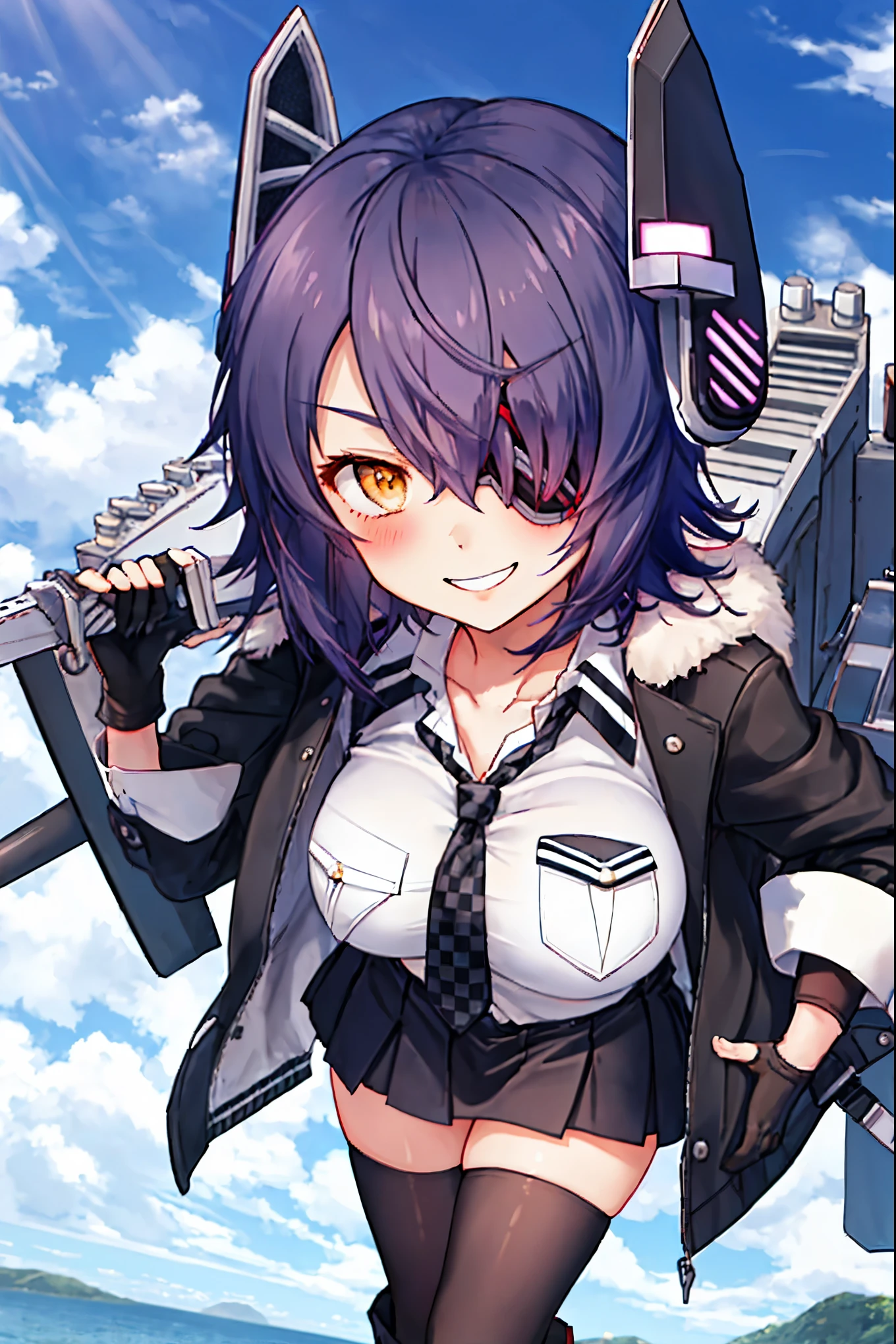 best quality, masterpiece, solo, {tenryuu_kantaicollection:1.15}, teen_girl, eyepatch, short_hair, purple_hair, yellow_eyes, headgear, breasts, necktie, large_breasts, smile, 1girl, blush, checkered_necktie, hair_over_one_eye, shirt, collared_shirt, white_shirt, jacket, sleeveless, brown_eyes, fur-trimmed_jacket, fur_trim, collarbone, looking_at_viewer, pocket, breast_pocket, ,, messy_hair, black_gloves, gloves, partially_fingerless_gloves,harbor_road_landscape_background,outdoor,short_skirt,thigh-highs,boots,sunlight,from_below