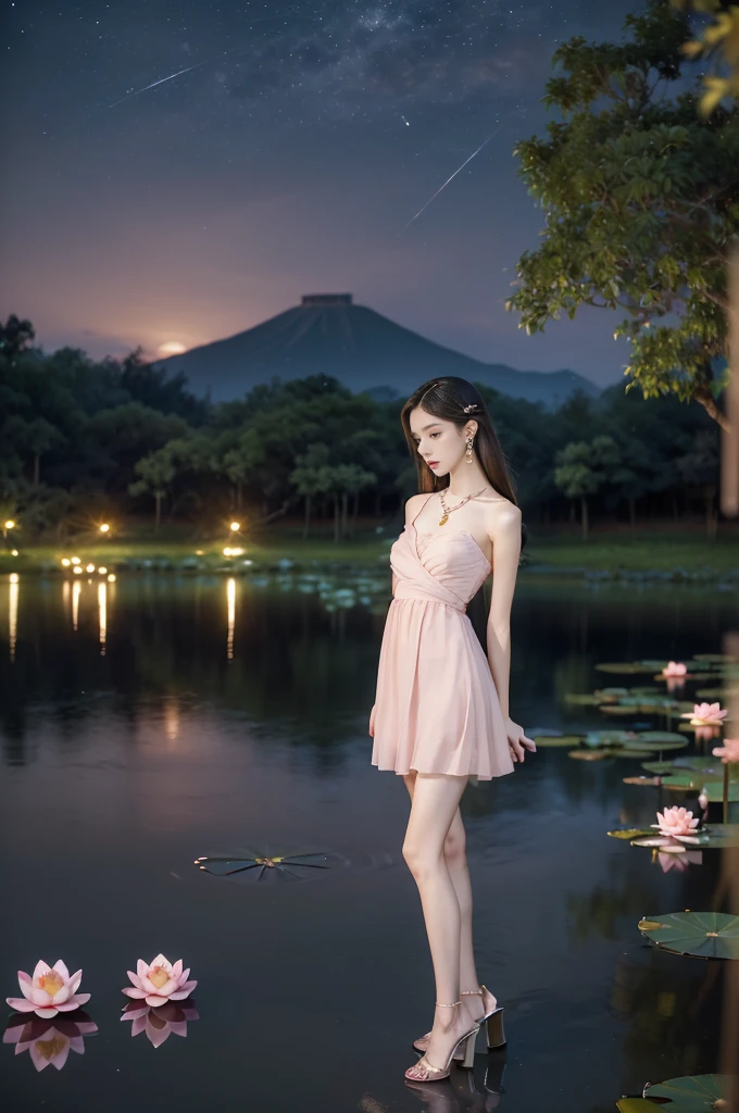 (((best quality))),(((ultra detailed))),(((masterpiece))),illustration,((1 beautiful young  girl,solo)),((slim,thin)),(shoulder length straight hair:1.2),((earrings,necklace)),((small breasts,flat chest)),(pink dress:1.3),((slender legs,high heels)),(beside the lotus pond full of lotus flowers:1.3), serene moonlight, ethereal,floral pattern, water movement, billowing fabric, tranquil,petals, fireflies, magical warm light, dreams, invitation, (standing:1.3),(arms behind back:1.2),gazing, inner thoughts, emotional, sweet scent, natural beauty, solitude, hypnotic lull, eternal summer,(night scene:1.3), natural world, human spirit, celebration, backdrop, glow,(from front:1.5),(full body:1.2)