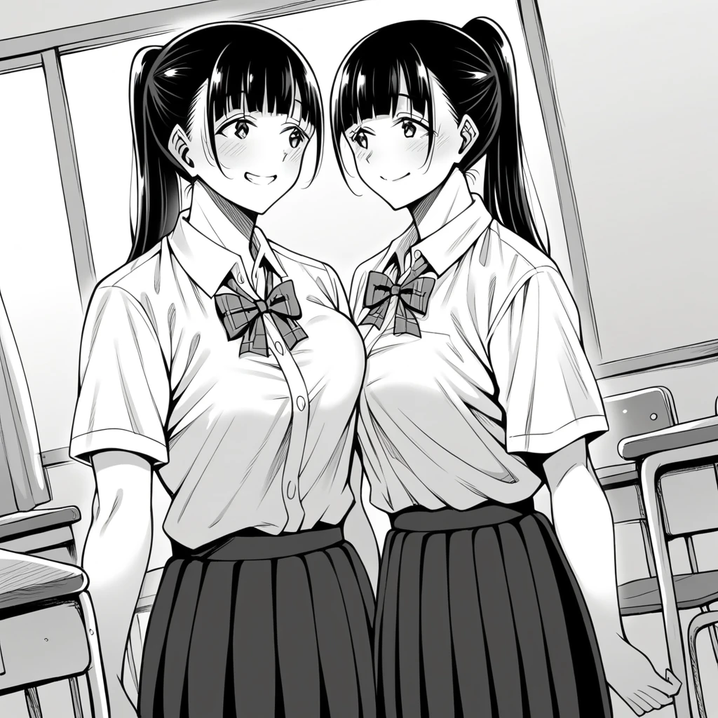 score_9, score_8_superior, score_7_superior, sauce_anime,
YuiTachibana, Yui Tachibana, Long Hair, bangs, ponytail, Monochrome, grayscale,
skirt, bow, , pleated skirt, shirt, white shirt, collared shirt, Short sleeve,
indoor, classroom, I had already finished, smile,
View your viewers, alone, Dutch Angle, Cowboy Shot,