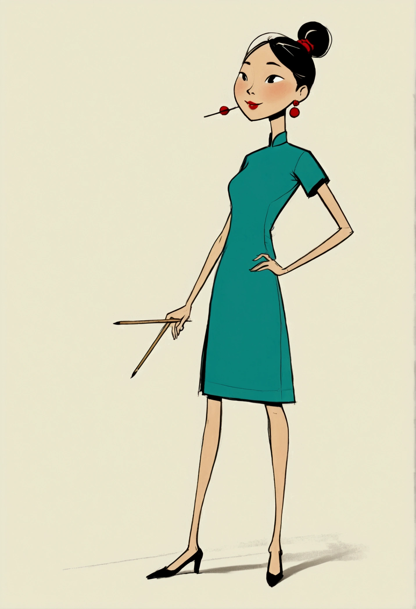 (((Exaggerated digital character sketches:1.37，Matchstick Men))).(1 Girl，cheongsam，(Exaggerated expression,)，(Black sketch lines，Loose brushstrokes create the outline，Cartoon Style. Bright colors and simplified lines, sketch)。(Exaggerated body movements),(Large area of blank）