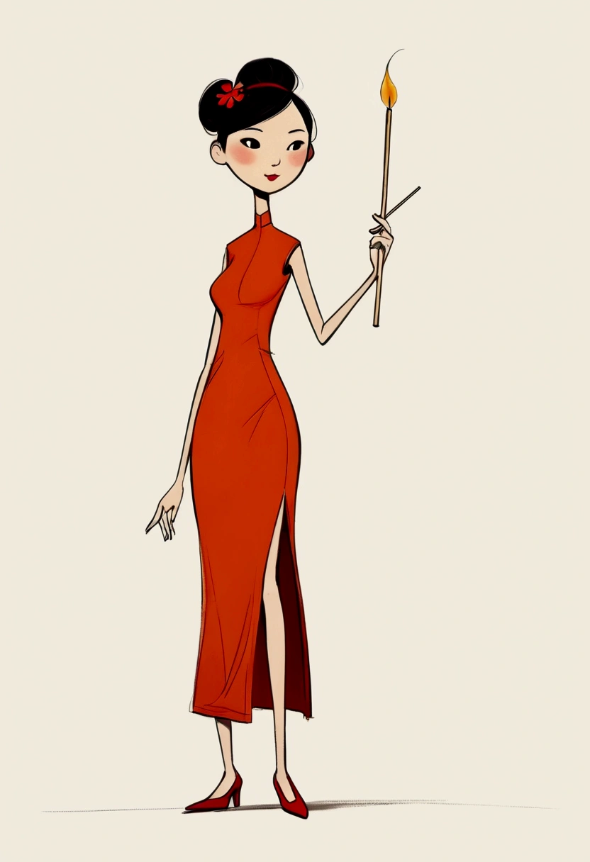 (((Exaggerated digital character sketches:1.37，Matchstick Men))).(1 Girl，cheongsam，(Exaggerated expression,)，(Black sketch lines，Loose brushstrokes create the outline，Cartoon Style. Bright colors and simplified lines, sketch)。(Exaggerated body movements),(Large area of blank）