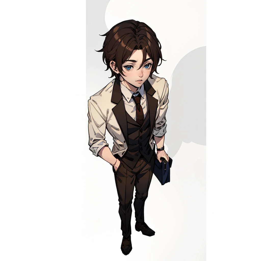 A 24 year old man, he's low (1,67), has brown hair and eyes. He is usually wearing a suit that is always open and a shirt, whole body