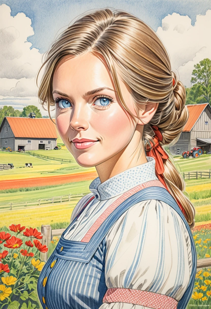 A colored pencil sketch of a beautiful swedish farm wife.